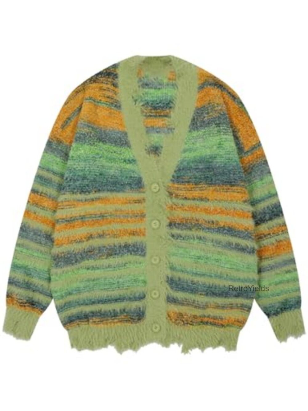 Oversized Open Front Knit Cardigan V-Neck Fringe Gradient Pinstripe
